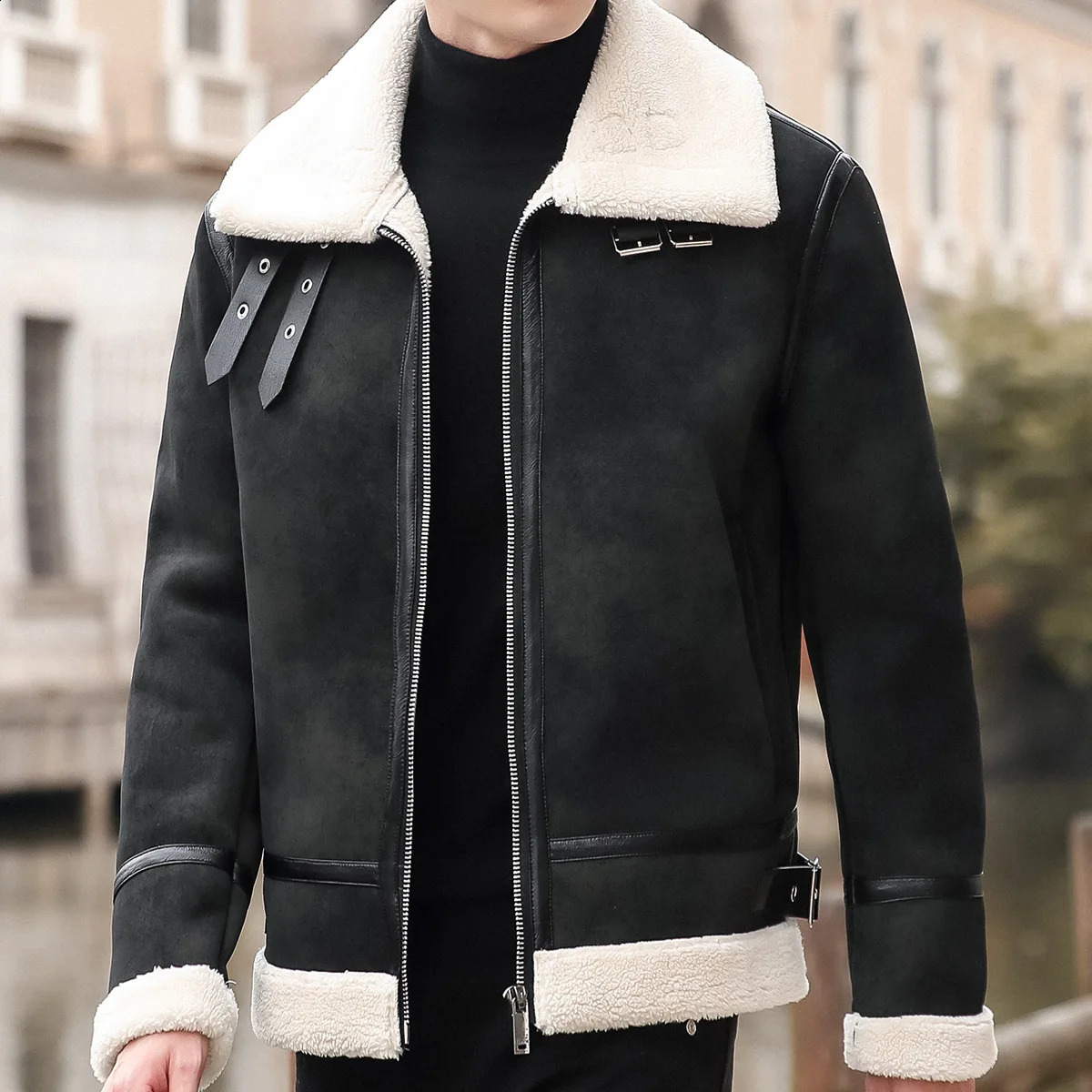 Men Leather Jacket Winter Faux Fur Collar Windproof Warm Clothing Fashion Solid Slim Korean Style Coat Fleece 261008