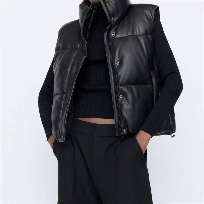 Fashion Streetwear Women Puffy Winter Thick Parkas Jacket Black PU Female Coats Faux Leather Down Waistcoat Loose Lady Vest