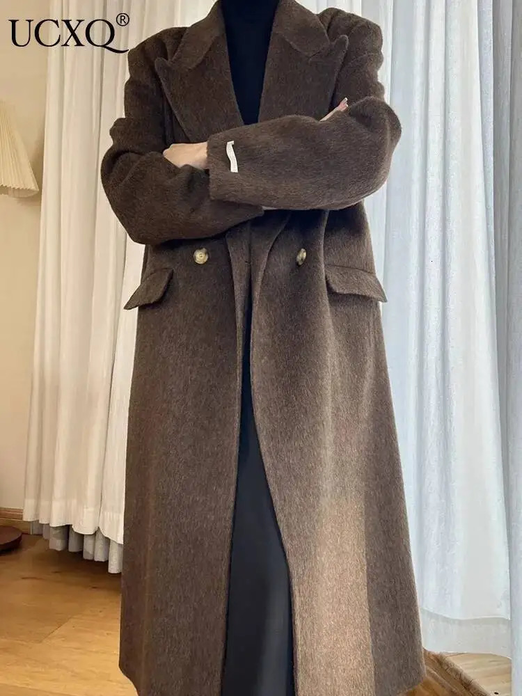 UCXQ Korean Style Two Sided Wool Overcoat For Women Lapel Solid Color Double Breasted Long Overcoats 2025 Winter 23Z2286 261010