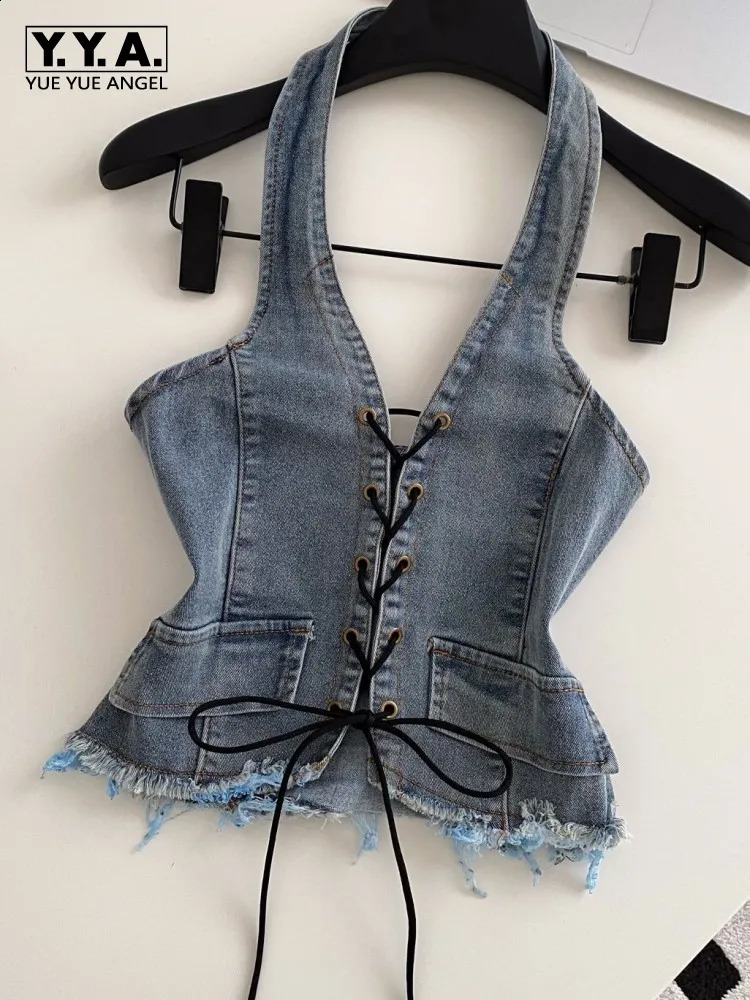 Vintage Female Versatile Sleeveless Solid Color Denim Vest Summer Halter Tops Spicy Ladies Fashion Slim CrossTied Tank Top 261016