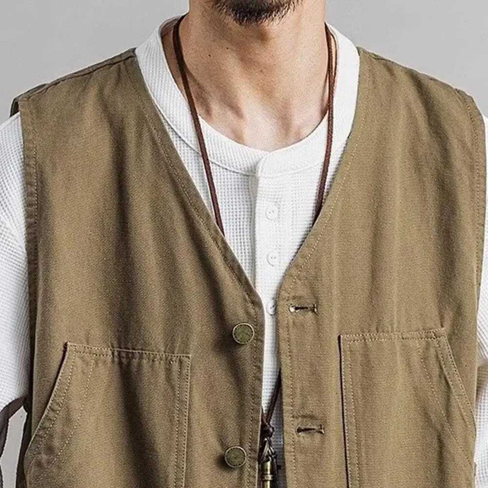 Vest Men Men's Solid Vests Color Pockets Sleeveless V Neck Fishing Vest Single Breasted Korean Style Loose Waistcoat For Outdoor Men ClothesW26