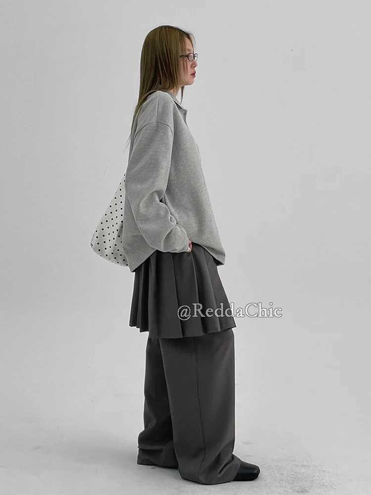 REDDACHiC Capris Women's Minimalist Pants Layered Suit Trousers Trendy Pleated Wrap Skirt Solid Gray Low Rise Dress Pants Korean Casual Woman C