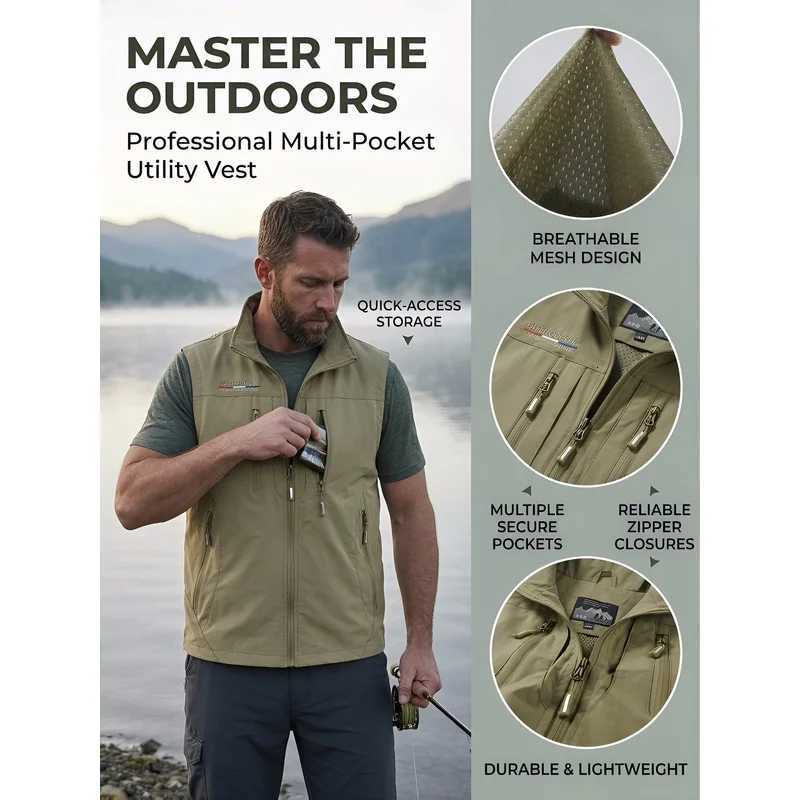 Casual Men's Vests Summer Men's Solid Color Multi Pocket Vest Photography Casual Fishing Vest Men's Outdoor Work ClothesW261017