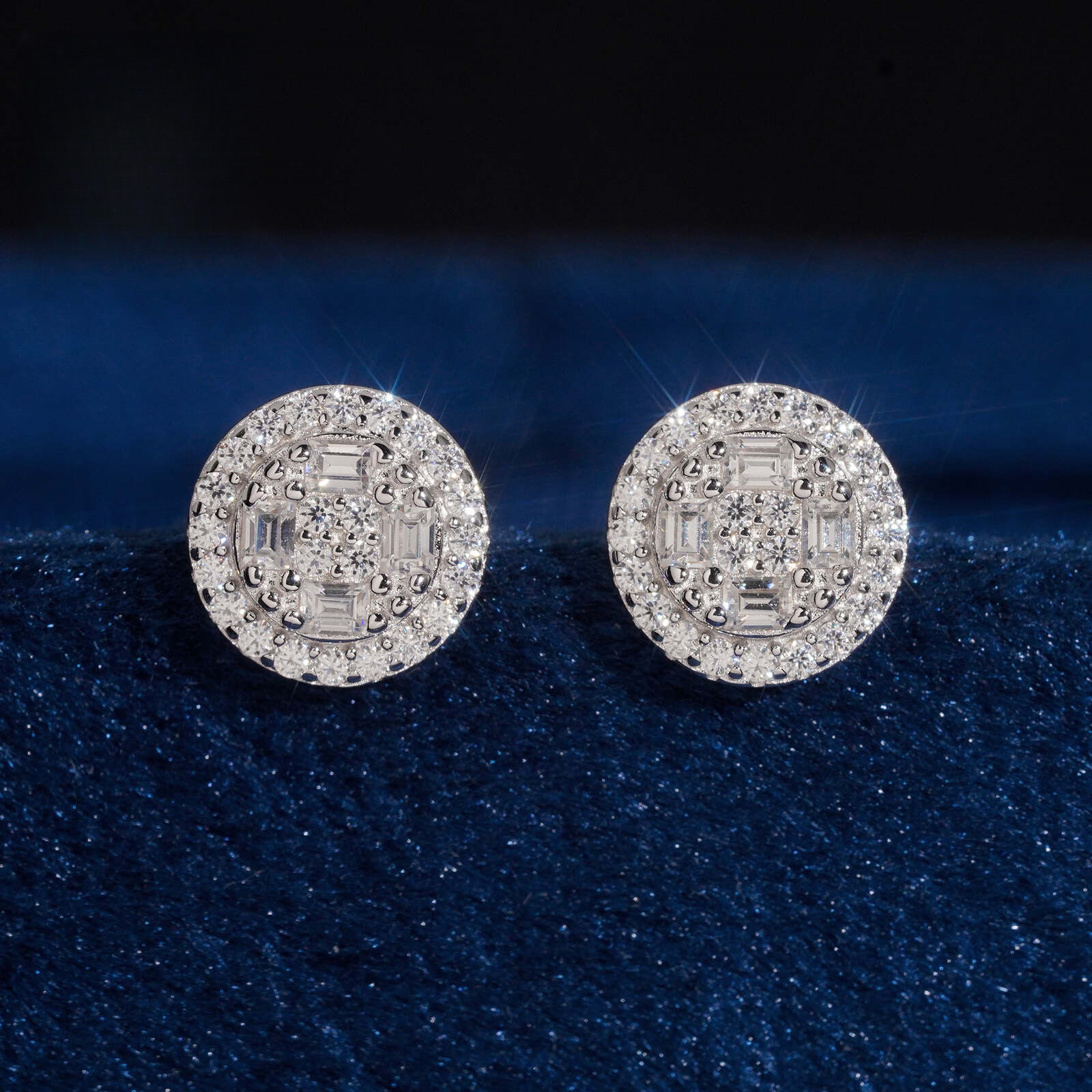 S925 silver round multi-layer stepped mosaic moissanite earrings, hip-hop style, heavy-duty, fully diamond-studded disc earrings