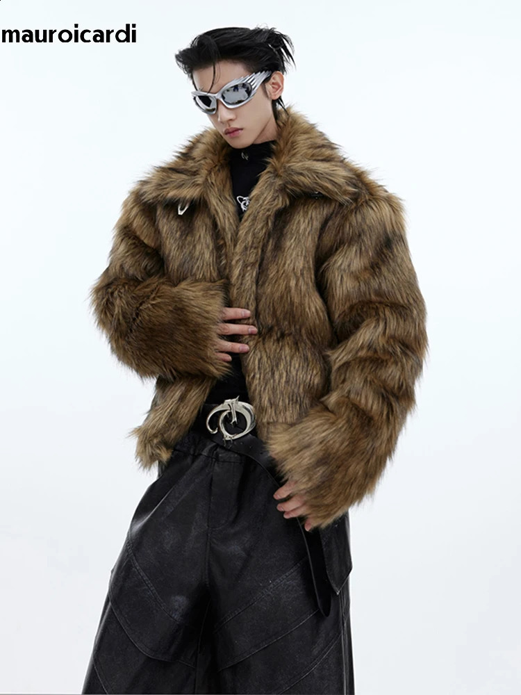 Mauroicardi Winter Short Thick Warm Brown Hairy Soft Faux Fur Coat Men with Turndown Collar Long Sleeve Fluffy Jackets 2024 261008