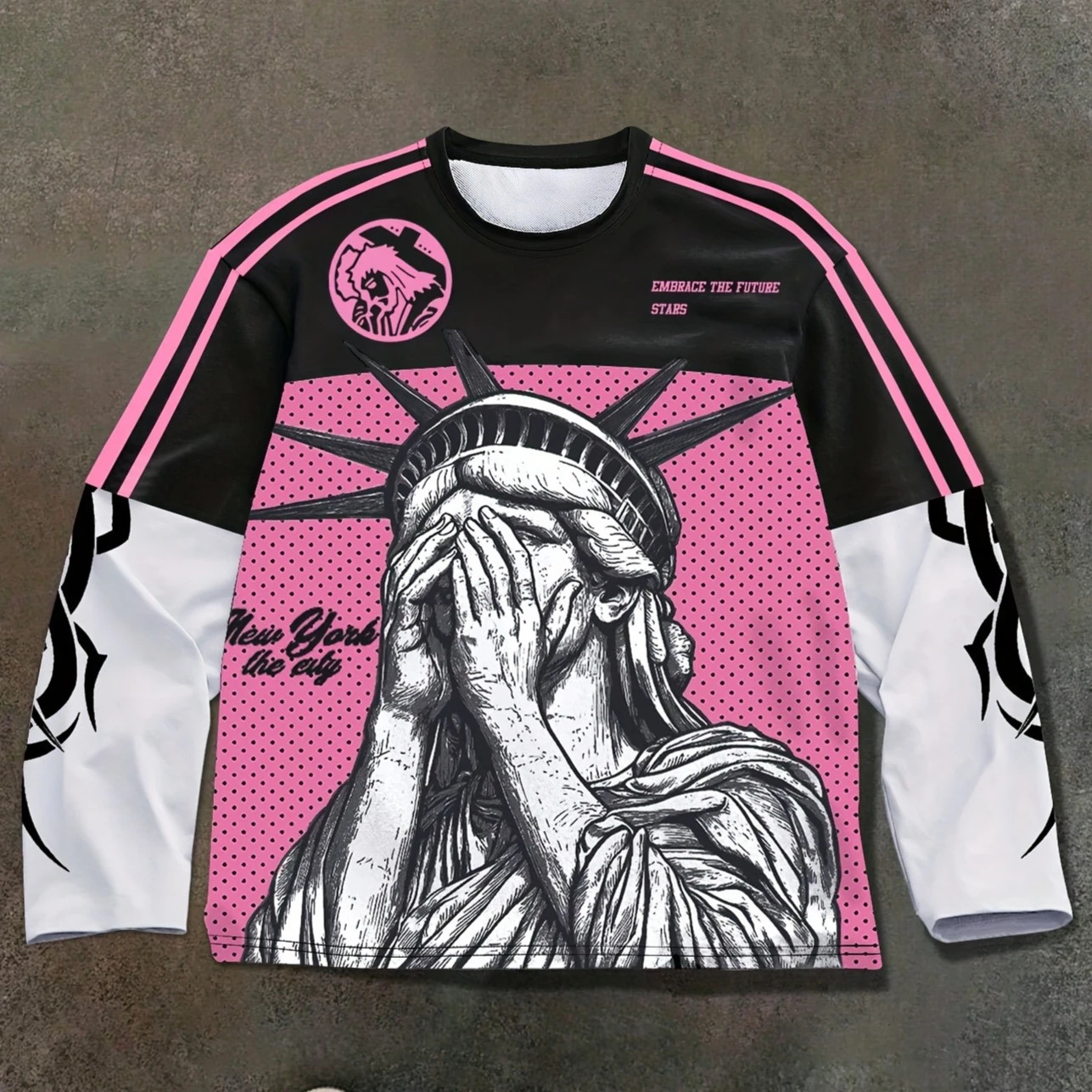 Y2K American Street Style Anti-classical Statue of Liberty Pattern Men's Long-Sleeved Top Spring Summer Breathable Quick-drying 261014