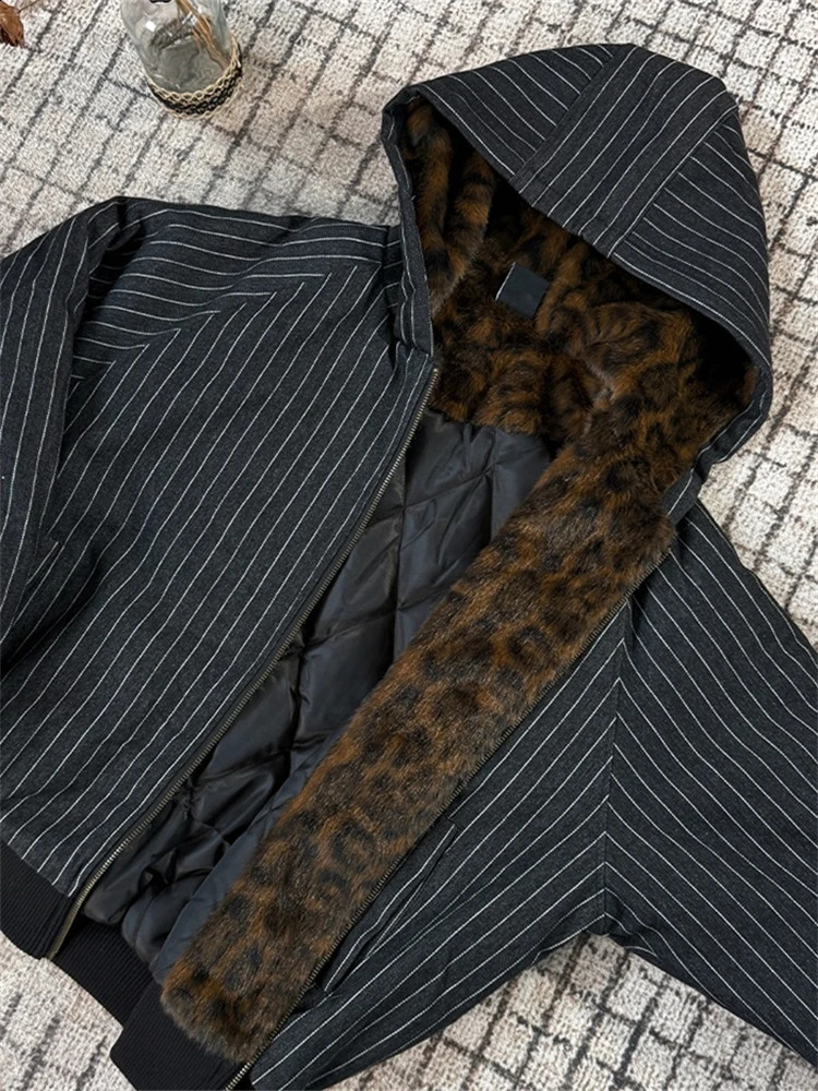 Women's Denim Stripes Leopard Fur Cotton Jacket Long Sleeves Oversize Coat Warm Thicken Outerwear Vintage 2000s Clothes 261016