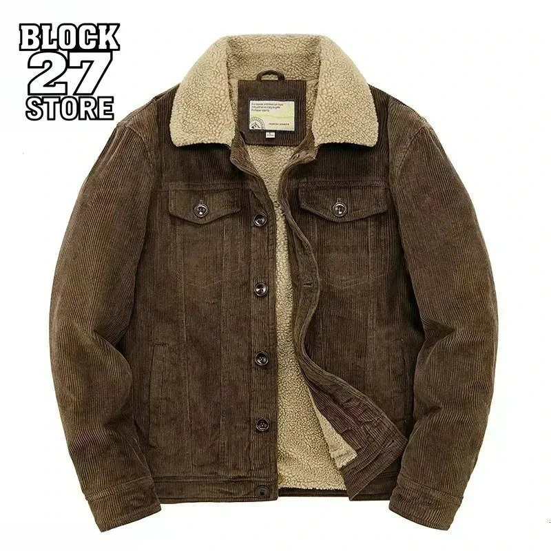 Harajuku Male Cotton Jackets Padded Warm Loose Parka Coat Corduroy Short Jacket Man Solid Fur Collar Windbreaker Winter Fleece 261014