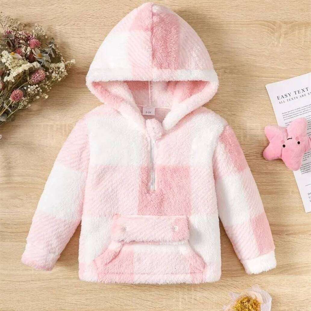 Girls Hoodie Hoodies Sweatshirts Little Girl Long Sleeved Hooded Sweater Cute Pink pullover Plaid Jacket Plush Thickened Winter Clothes For 28 Years