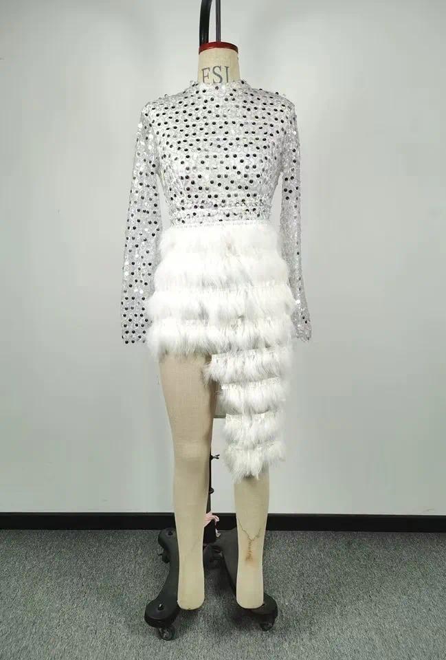Casual Dresses Women Dress Sparkly Silver Sequins Feather Gold Round Neck Nude Banquet White Slit Short