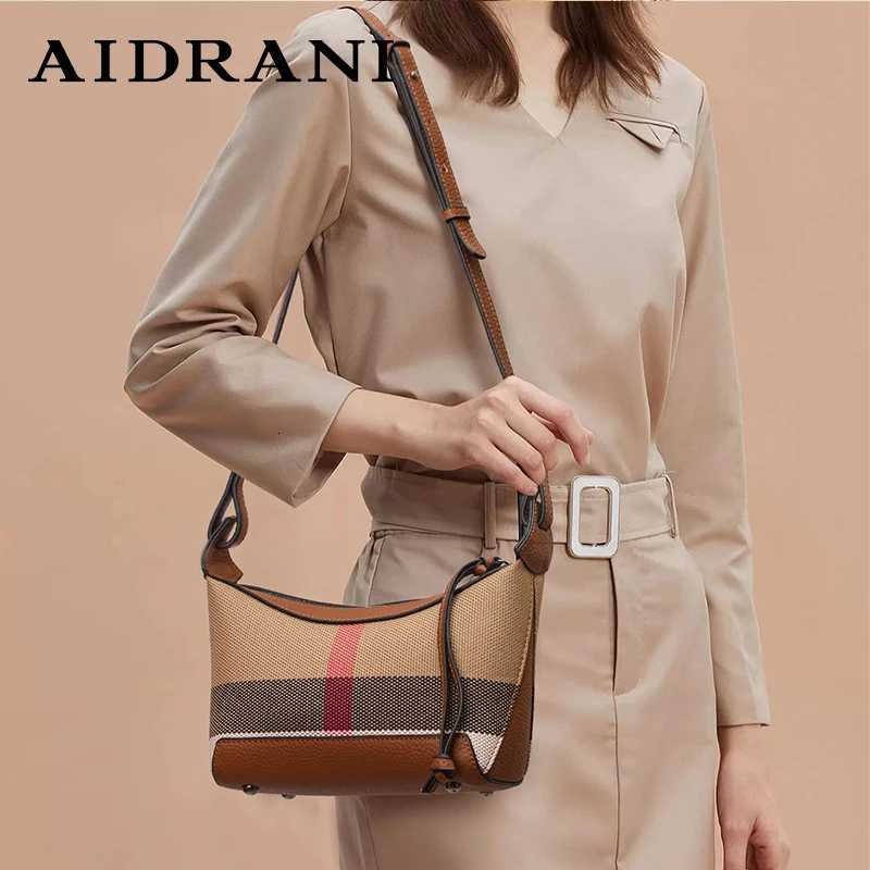 Evening Bags Aidrani 2026 Women's Genuine Leather Crossbody Bag Fashion Check Shoulder Bag New Pattern Canvas Cowhide Handbag H261016