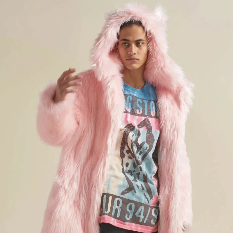 Men Faux Fur Outerwear Solid Hooded Jackets Long Sleeve Coat Loose Winter Pockets Casual 2025 Spliced Slight Strech 261013
