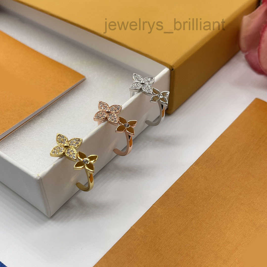 Designer Rings Luxury Crystal Clover Flower Star Band Rings 28K Gold 925 Silver Plated Opening Adjustable Ring For Women Unisex Fashion Diamond Jewe