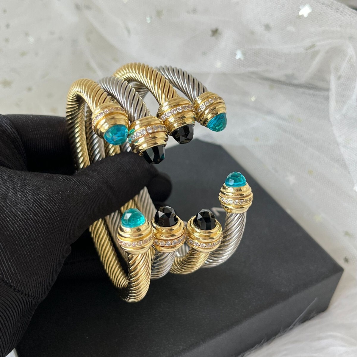 DY Cable Jewelry Designer Davidjersey Yurmannn Luxury Bracelet For Woman Men Luxe Bangle DY Trendy 7MM Twisted Thread Open Bracelet With Rhinestones