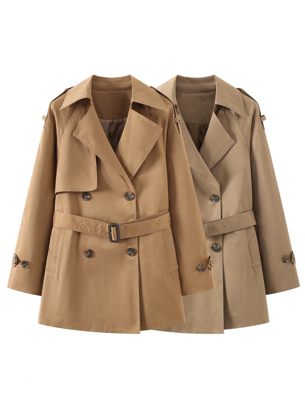 New French-style, British-inspired double-breasted coat with belt, featuring fitted silhouette and a sophisticated, high-end look. This versatile, s