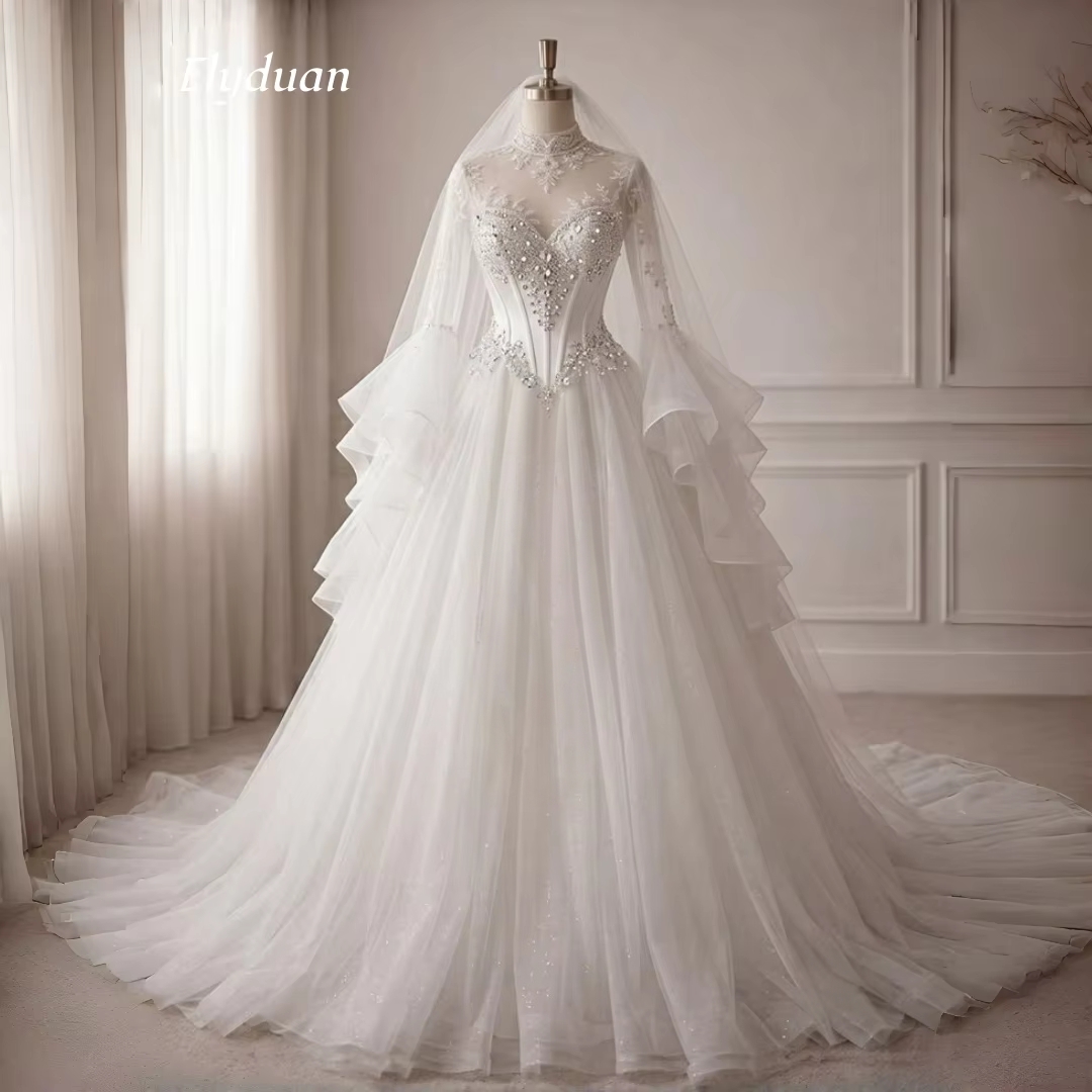 Classic High Neck Illusion Wedding Dress Beaded Bodice Long Flared Ruffle Sleeve Vintage Tulle A-Line Bridal Gown Court Train Custom Made