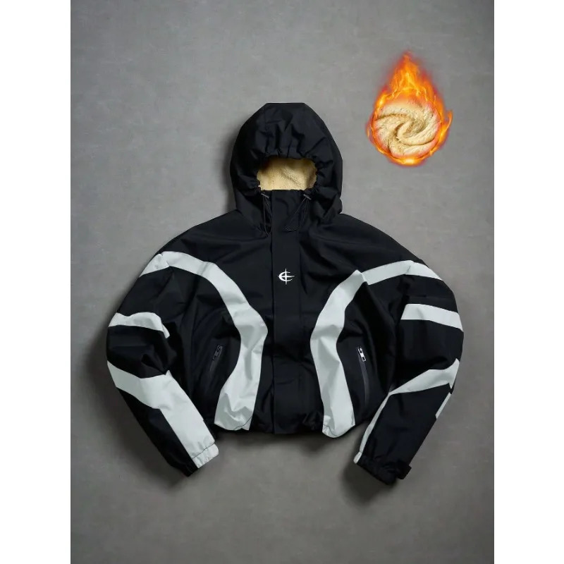 American Style Winter Short Jackets Men Fleece Lined Warm Hooded Coat Man Hip Hop Streetwear Loose Fit Outdoor Windbreaker 261014