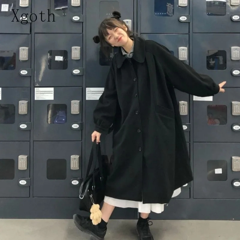 Preppy Simple Black Woolen Coat for Women Midlength Doll Collar Cute Girl Loose Windbreaker Autumn Winter Streetwear 261010