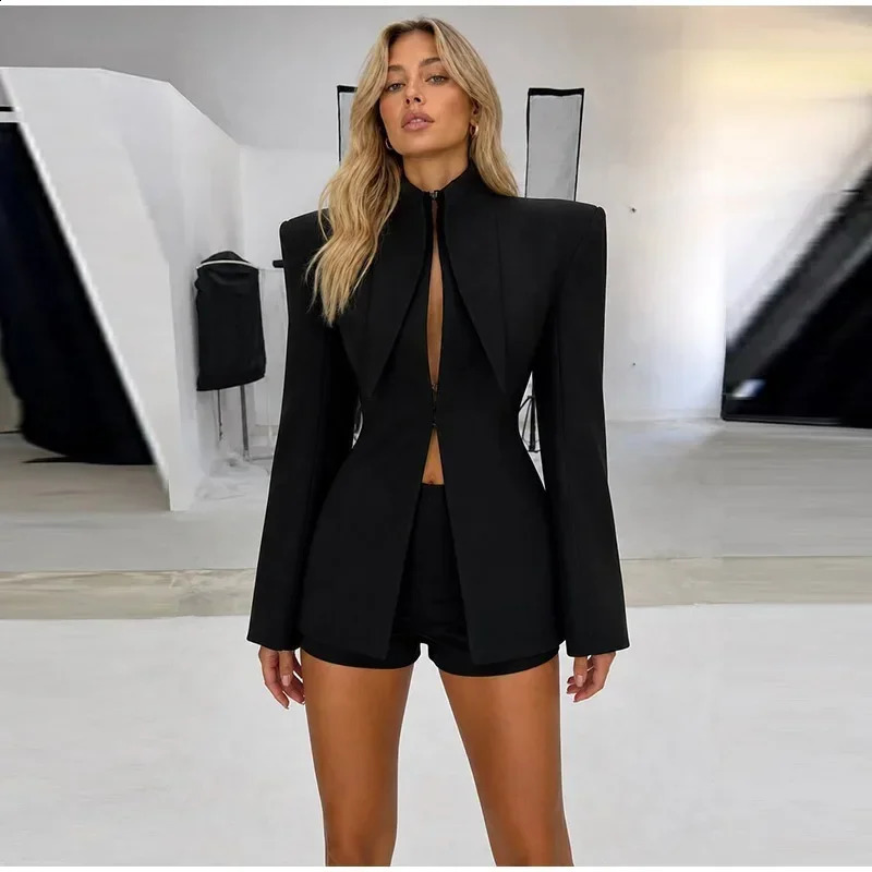 Women's Suit Shorts 2 Piece Set Long Sleeve Stand Collar Solid Coat Short Pants Autumn Chic Blazer Elegant Office Daily Outfits 261013