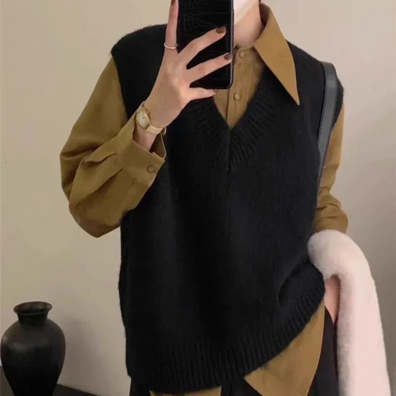 Casual Sleeveless Sweater Knit Waistcoat Women VNeck Vests Autumn Spring Female Knitted Tank Tops Outwear Knitwear 261009
