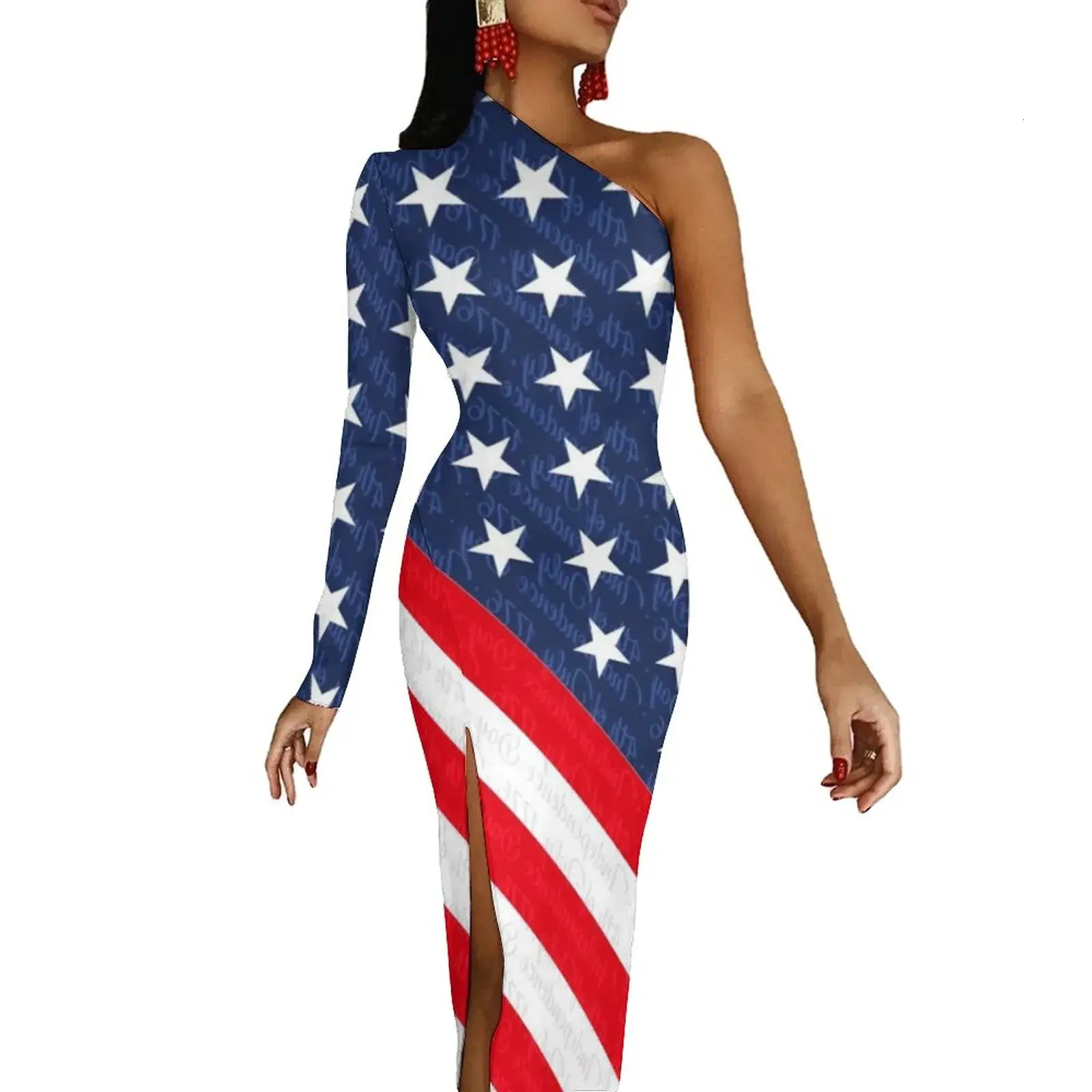 Women everyday Casual Dress Women Casual Dress Everyday Star Everyday Flag Pirnt Maxi One Shoulder USA Of July Independence Day Night Club Bodycon A