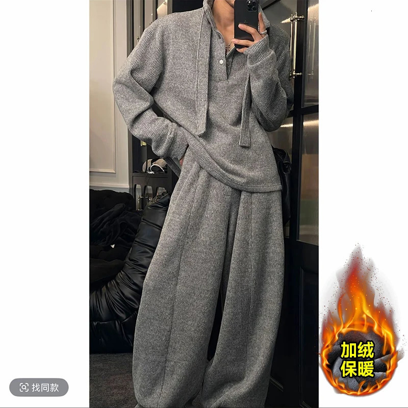 Fleece Lounge Sweater Set Men wainter thermal sweatshirt two-piece hoodiepants loose Floor pants Stand up collar 261013
