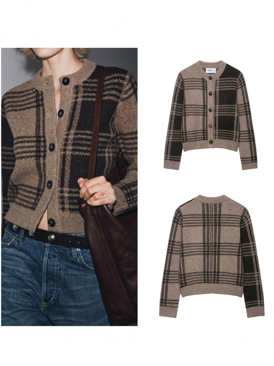 New autumn collection for export markets in Europe the US: trendy, relaxed-style long-sleeved plaid knit cardigan with a button closure and ribbed t