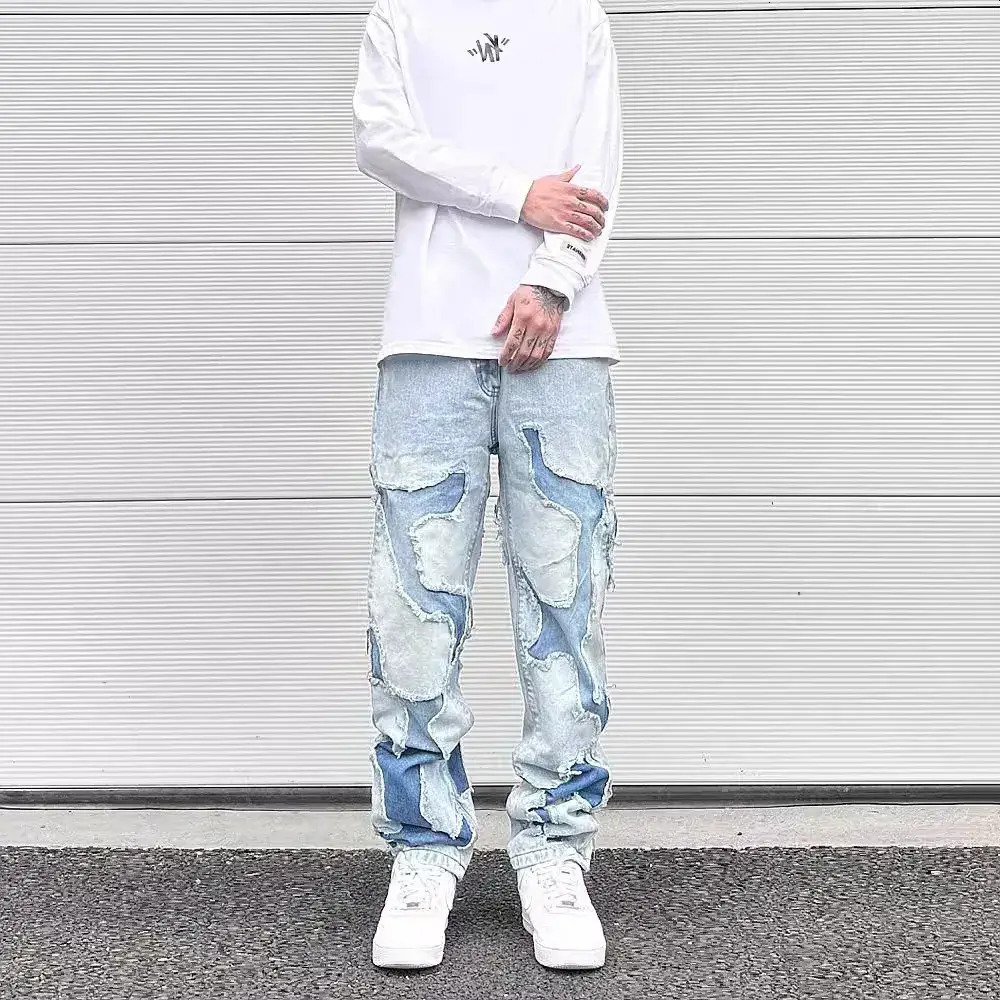 Men Jeans Streetwear Swag Style Blue Frayed Jeans Pants For Men Retro Washed Ripped trousers Casual Tapered Denim Trousers Slim Fit Y2k Jean Male De