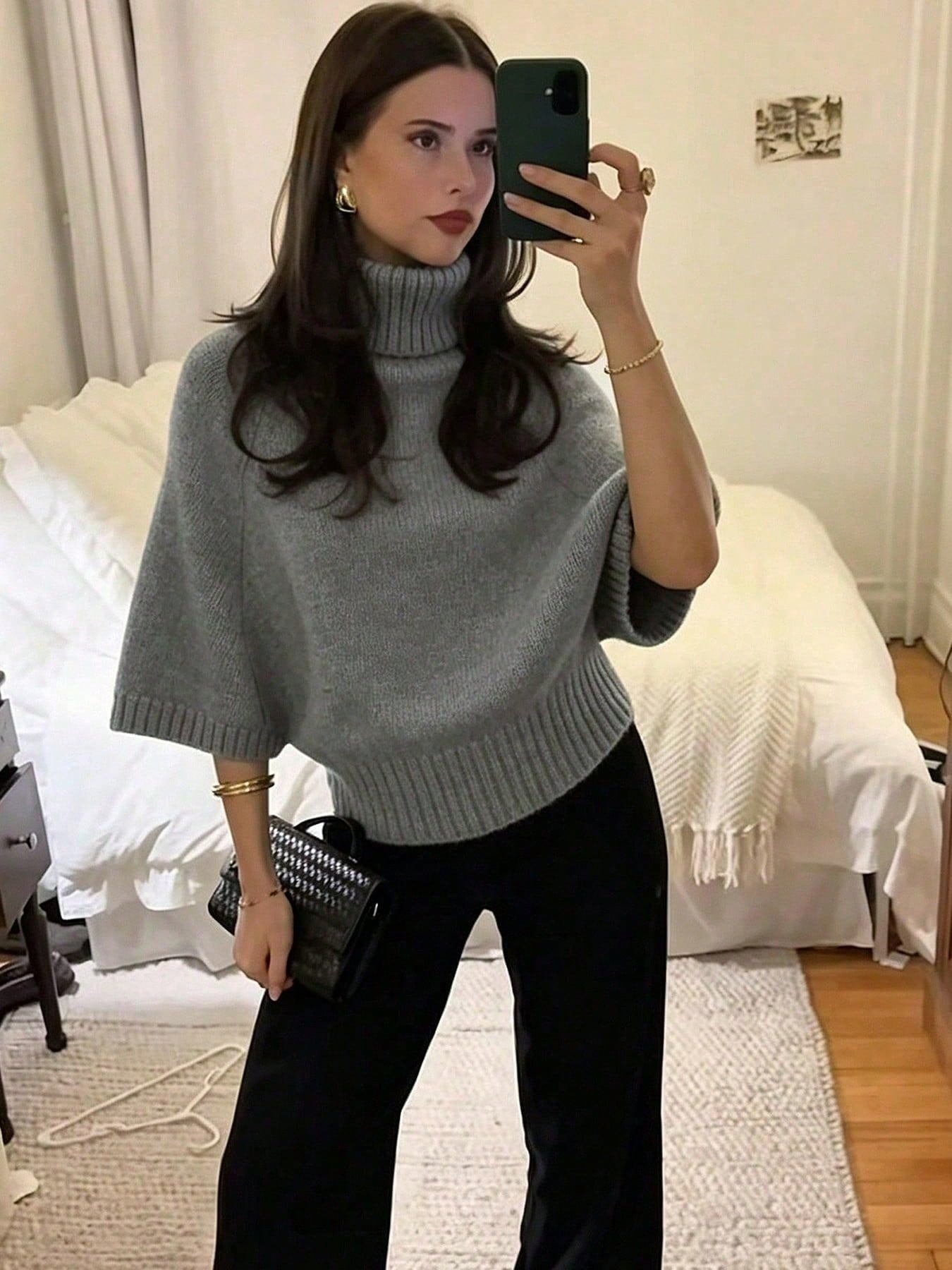 2026 New Designer Autumn Knitted Women's Sweater Solid Color Exquisite Grey Batwing Sleeve High Neck Fit Waist Texture Design Women's Hood