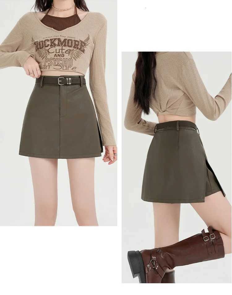 Black Skirts New Women's 2026 PU Leather Skort with Shorts Liner A-Line Bodycon Mini Skirt High Waist Autumn Chic Split Skirt W261017
