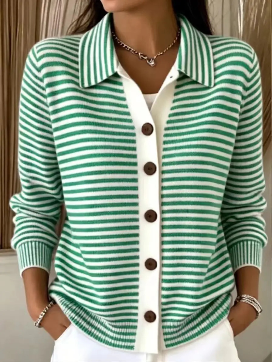 2026 autumn and winter buttonknitted striped sweater cardigan women's coat solid color 261016