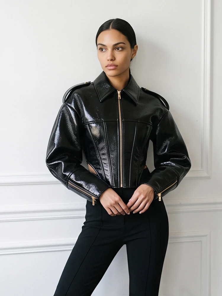 Fashion Coated Cinchedwaist Leather Jacket Women Retro Lapel Full Sleeve Zipper Fishbone Coats Lady Autumn Highstreet Coat 2026 260928