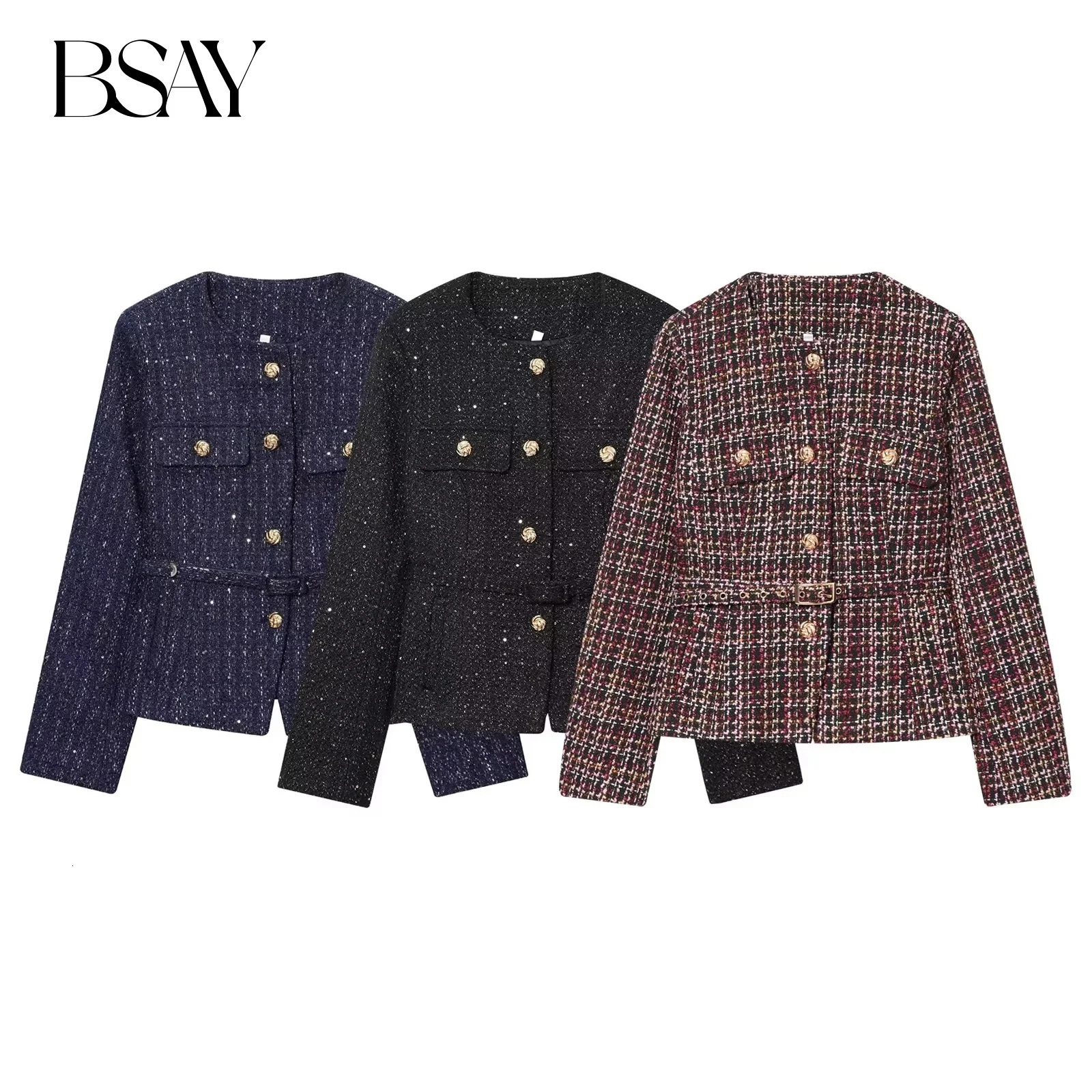 BSAY tweed jacket with belt women's clothing autumn winter Round long sleeved button up outerwear chic France short coats 261014