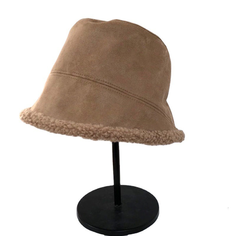 Women's winter Korean style versatile trendy fleecelined suede lamb wool fisherman's hat autumn and winter warm plush bucket hat