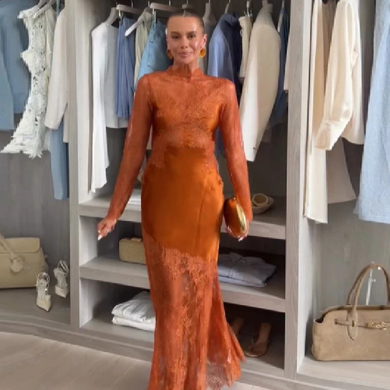 Elegant Women High Neck Lace Satin Patchwork Maxi Dress Long Sleeve Hollow Back Mermaid Hem Female Wedding Guest Party Dress 261017