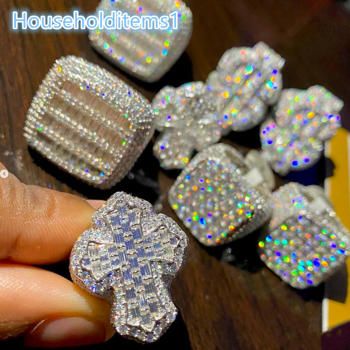 Square Shape Hiphop Fasion Vvs Moissanite Baguette Ring Platinum Men's Hip Hop Jewelry Cuban Chain Band with Diamond Tester Pass