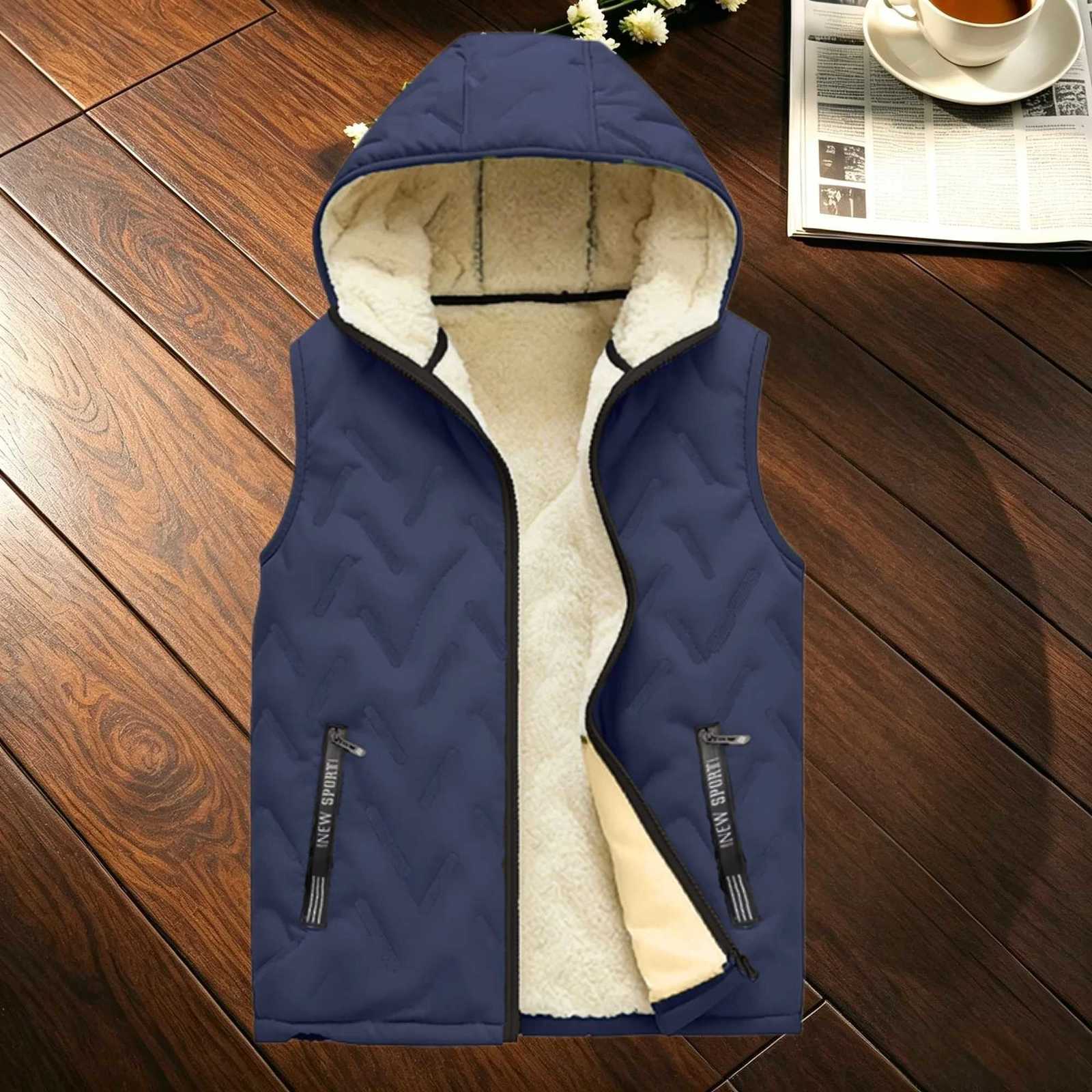 Vest Men's Hooded Men's Vests Lamb Fleece Lined Sleeveless Quilted Gilet Full Zipper Warm Male Winter Casual WaistcoatW261017