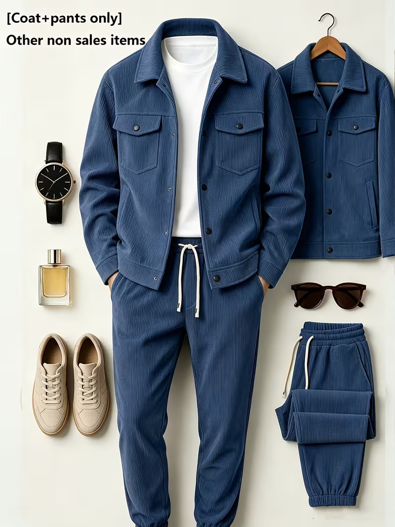 Corduroy 2-Piece Outfit, Lapel Button Jacket and Drawstring Jogger Pants Set, Casual Daily Wear Suit for Men