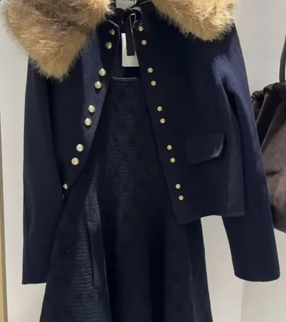 Women Faux Fur Big Collar Wool Blend Short Jacket Fall Winter Bow Tie Decor Gold Button Pockets Cropped Coat Female Warm Outerwe 261016