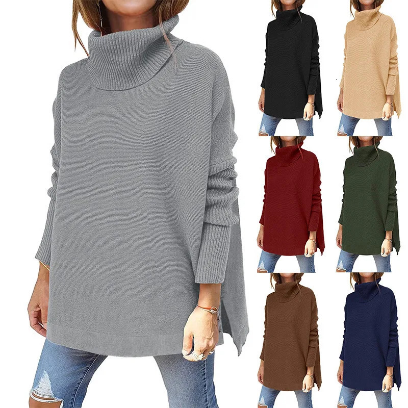 2024 Autumn Winter High Neck Sweater Mid Length Bat Sleeve Hem Tie Waist Pullover Knitted Women's 261008