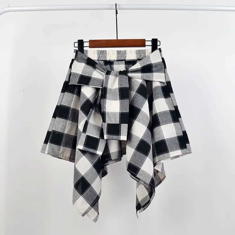 Irregular Skirts Summer Casual Retro Women Skirt Bow-knot Elastic Waist Shirt Style Blue White Lattice Mini A-line Shortskirt Female W261017