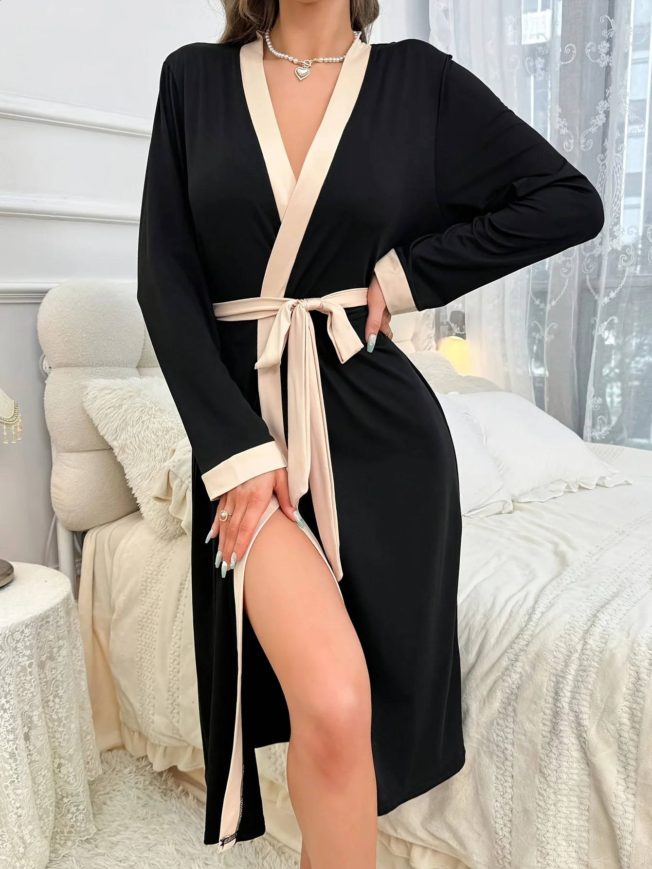 Womens style long sleeve nightgown casual simple solid color home gown 261017