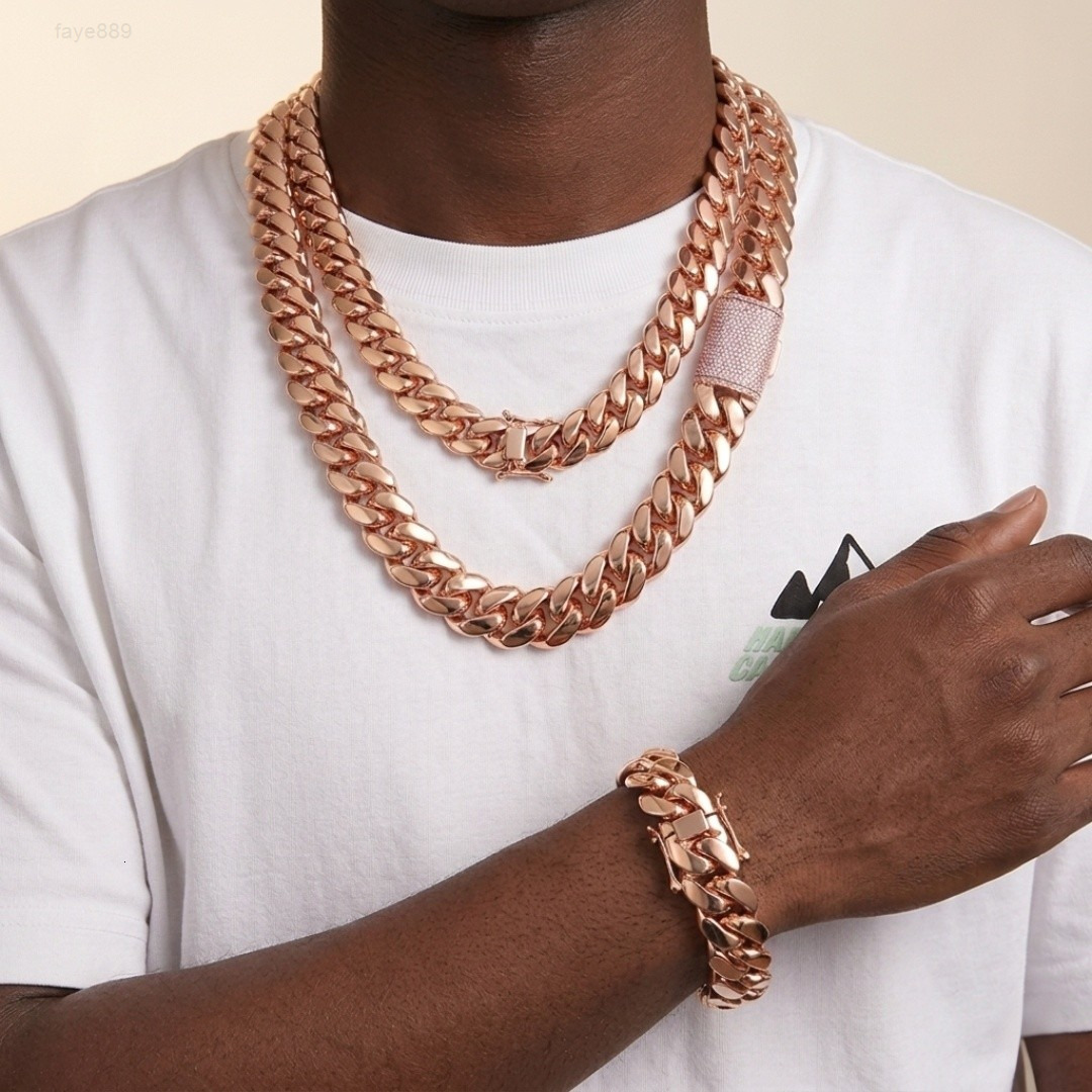 Rose Gold Plated Miami Cuban Link Chain Solid Brass Hip Hop Necklace For Men Women Bold Streetwear Jewelry Cadenas De Oro Rosa