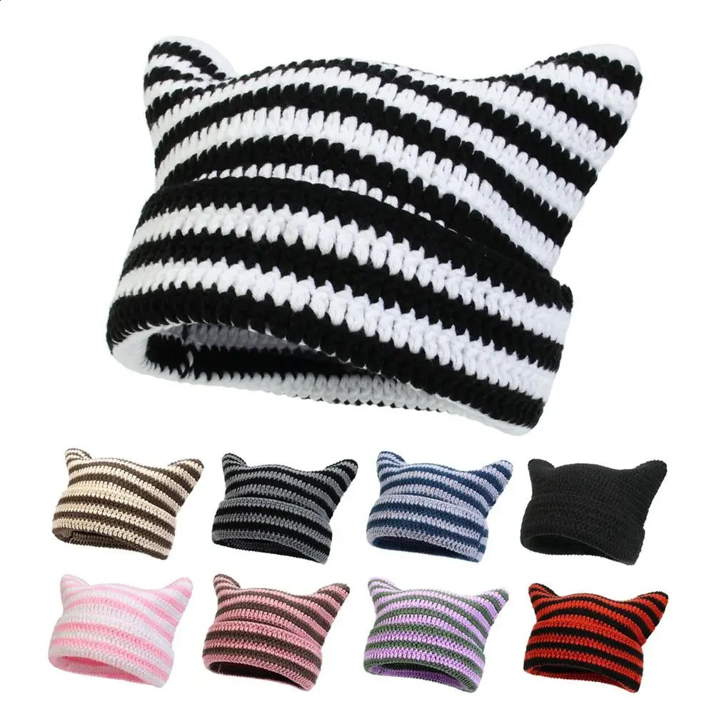 Casual Cute Cat Ears Japanese Beanie Hat Keep Warm Punk Gothic Knitted Wool Cap Unisex Y2K Harajuku Skullies Striped 260928