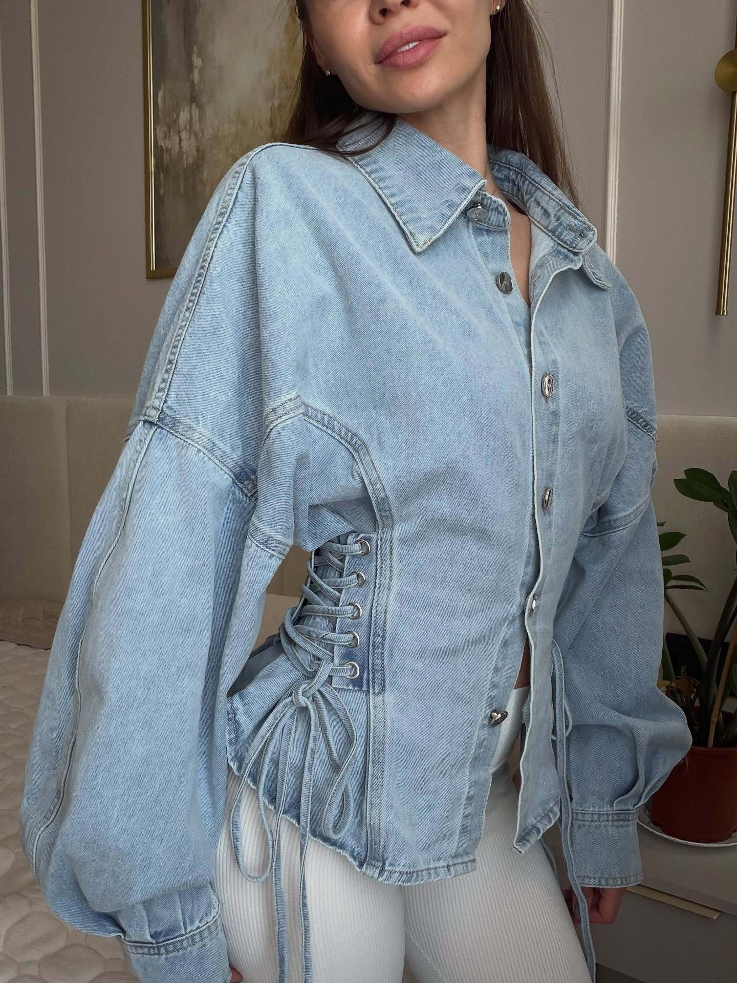 American-style F spring new collection: retro, relaxed-fit, washed cotton, drop-shoulder, oversized denim shirt for women