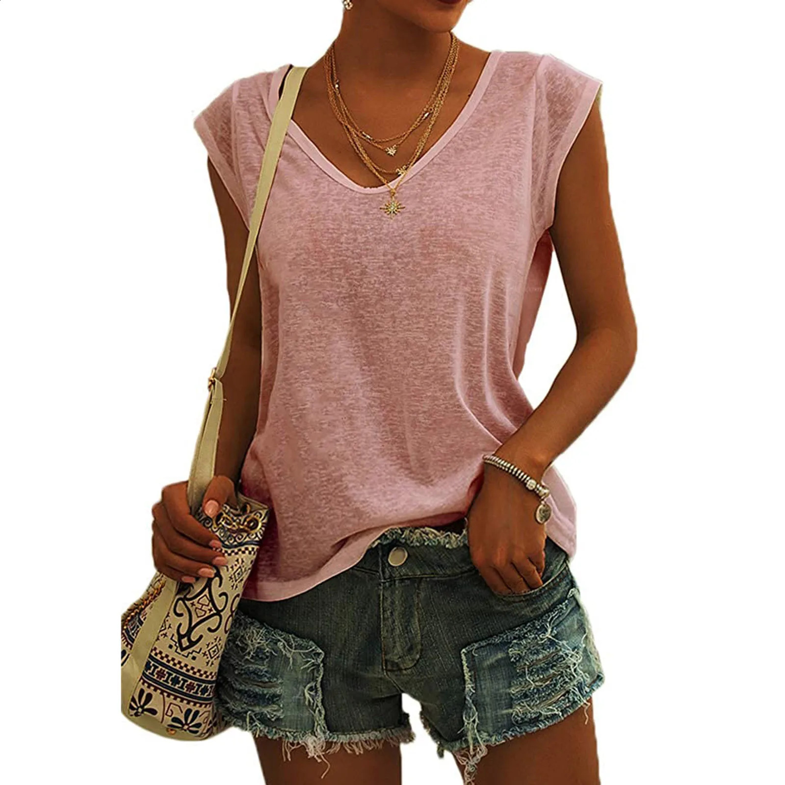 Summer Camisole Women'S VNeck Vest Colored Cotton Solid Color TShirt Casual Sleeveless Loose Top Fitted Clot 261016