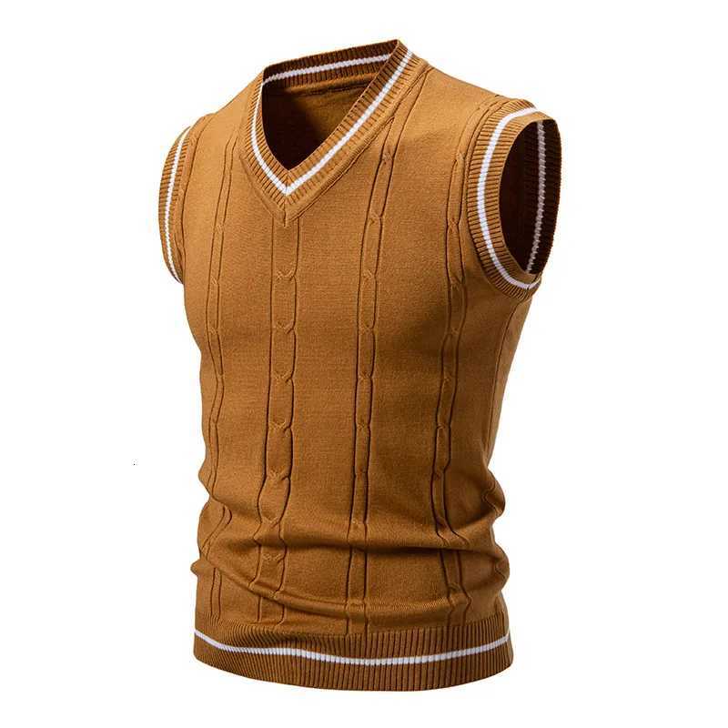 Vests Men Korean Striped Men's Knitted Waistcoat Autumn Winter Casual All-Match Sleeveless Sweater Vest Man Retro Slim V-Neck Pullover VestsW26