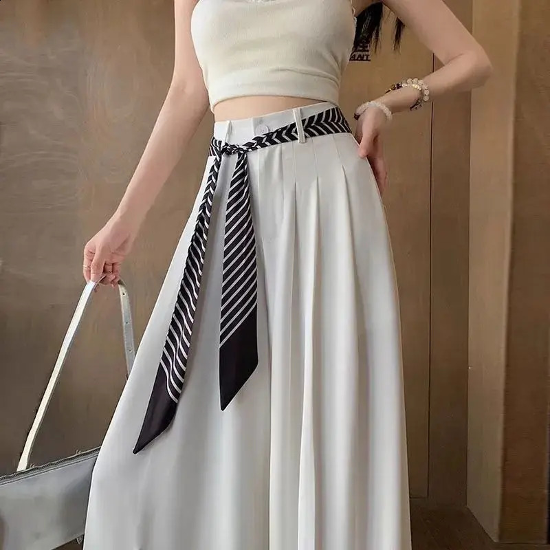 White Ice Silk Suit Wide Leg Pant's Spring Autumn With Scarf High Waist Drop Straight Floor Length Female Trousers 260928
