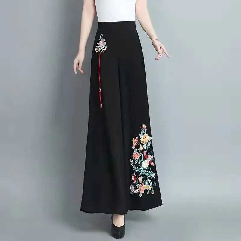 Pants Capris Women's Leggings Women's Embroidered High Waisted chiffon Wide Leg Pants Ethnic Style Noble Temperament Women's pants Sk