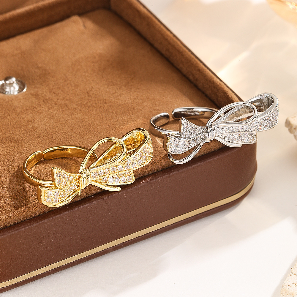 Luxury light-style full-diamond bow fashion open ring for women gold-plated with zirconia diamond adjustable ring exquisite and versatile